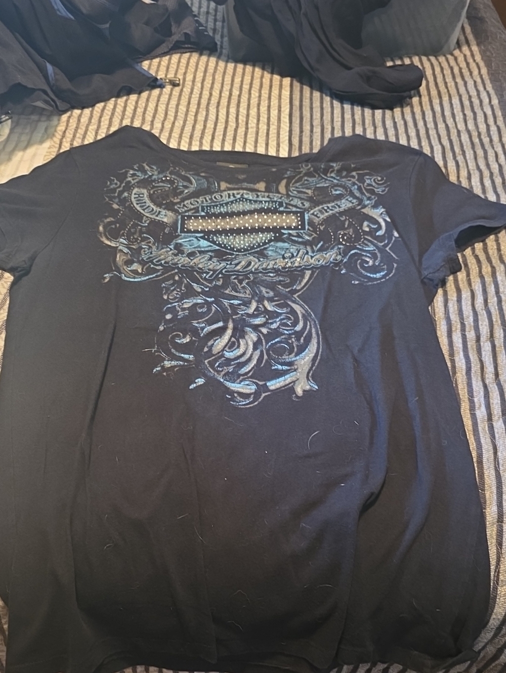 Harley-Davidson Black Tee with Blue Graphic and Stud Detail